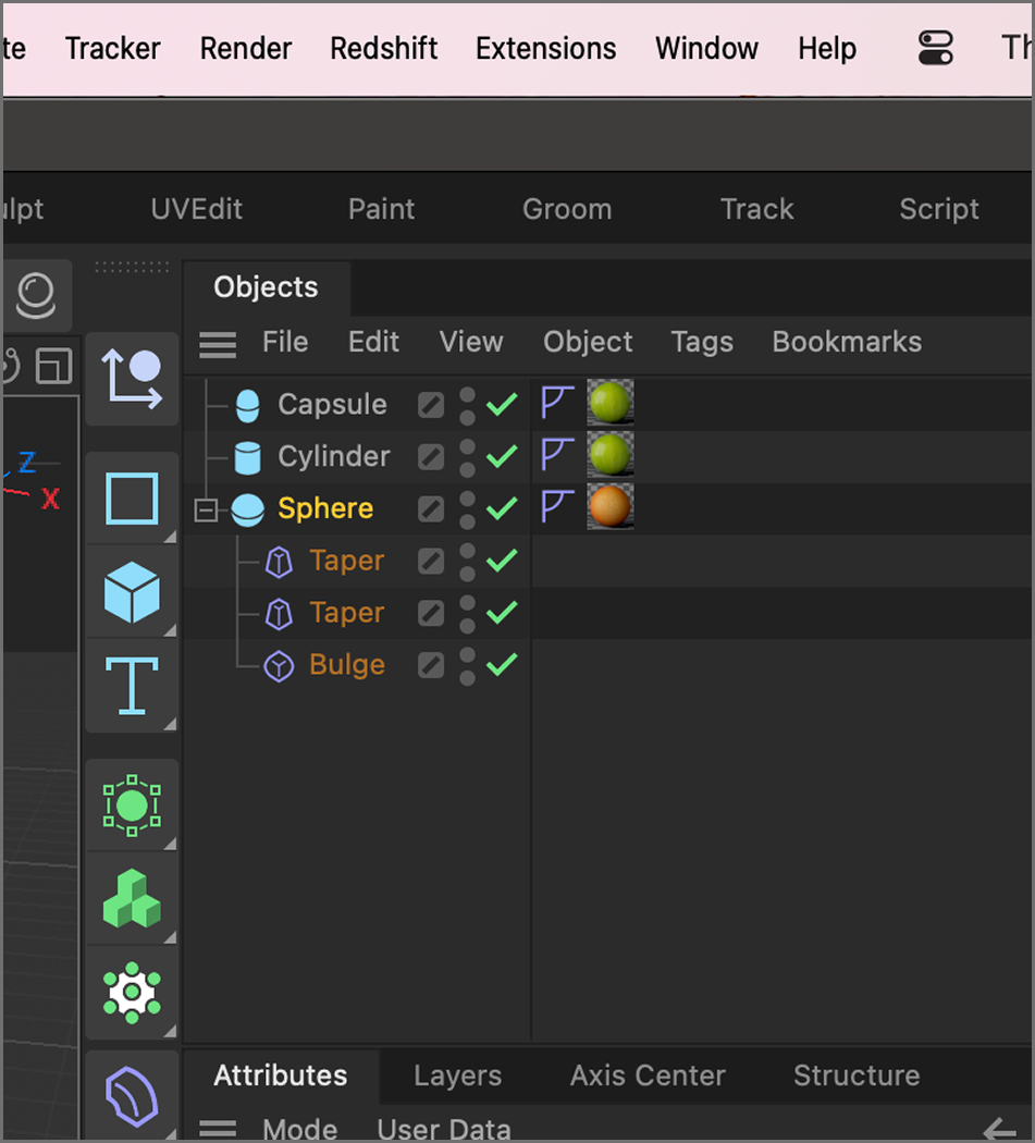 Objects and deformers used to model the mandarin