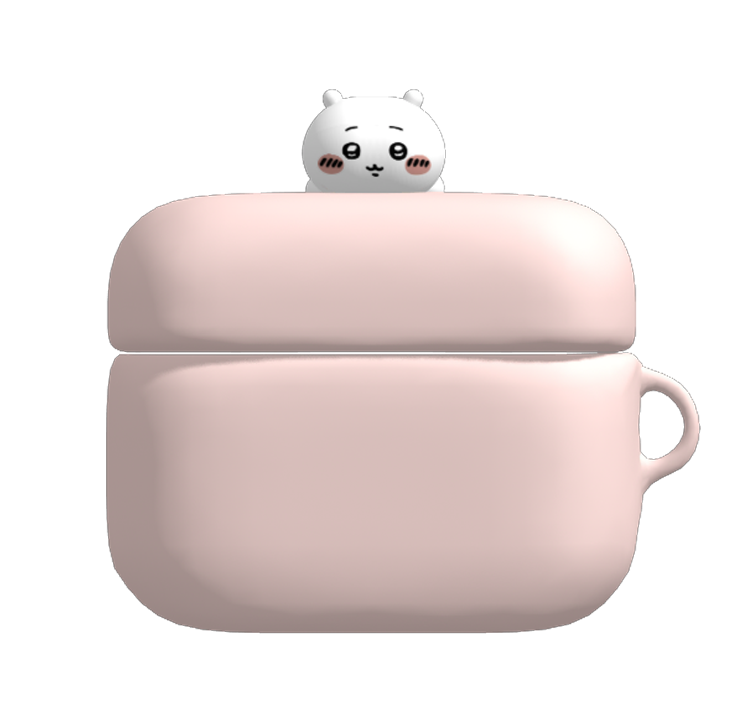 The Airpods case have a distinctive form - made of two rectangular cubes with round edges and a charging port beneath one of them. It is paired with an adorable Chiikawa mascot lying on top of the case. <div class='container'><iframe class='responsive-iframe' src='https://my.spline.design/airpods-HF1jPNCsT5esnqN4lKyAyiwx/'></iframe></div>