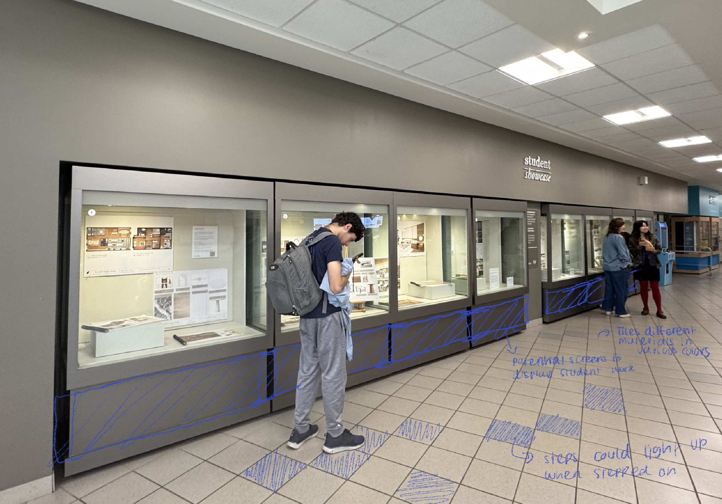 This concept introduces interactive elements where users can draw on a screen and see their illustrations projected onto the display surface, with potential floor projection mapping that reacts to movement.